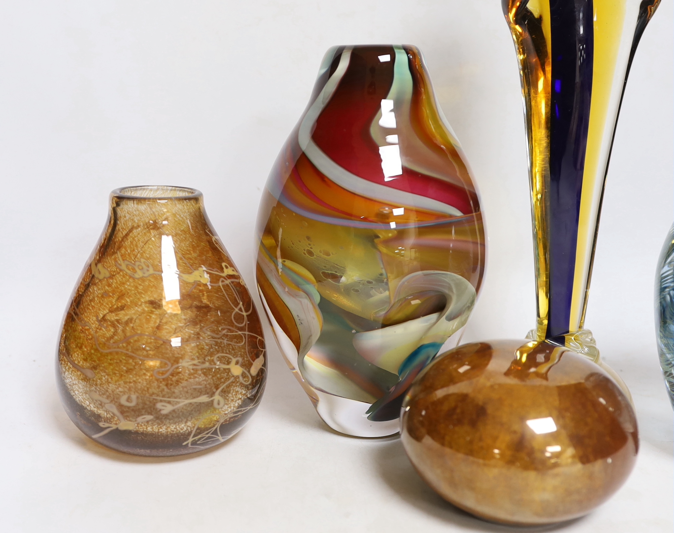 Five studio glass vases/sculptures, including a Murano figure of Madonna, tallest 34cm